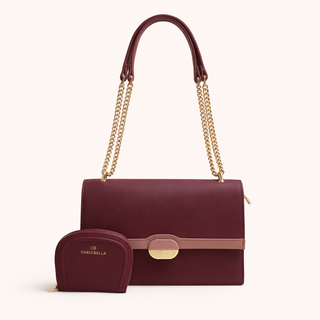 Chrisbella Luxe Chain Shoulder Bag Set (2-in-1) – RED WINE