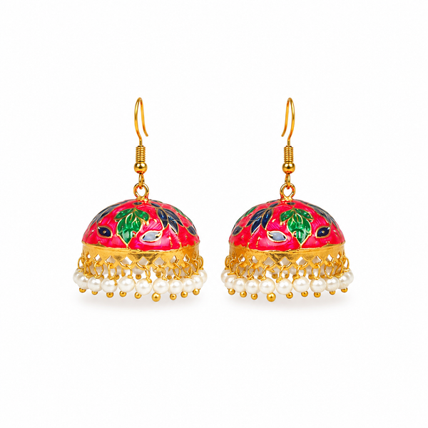 Pearl Dome Jhumka Earrings - Hot Pink
