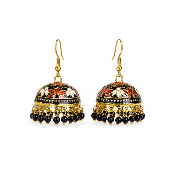 Pearl Dome Jhumka Earrings - Midnight Black Floral