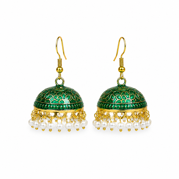 Pearl Dome Jhumka Earrings - Emerald Green