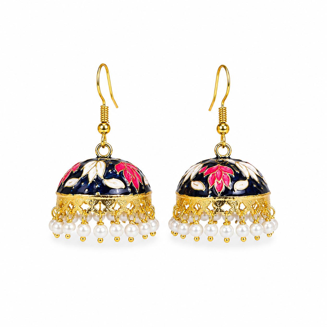 Pearl Dome Jhumka Earrings - Navy Blue