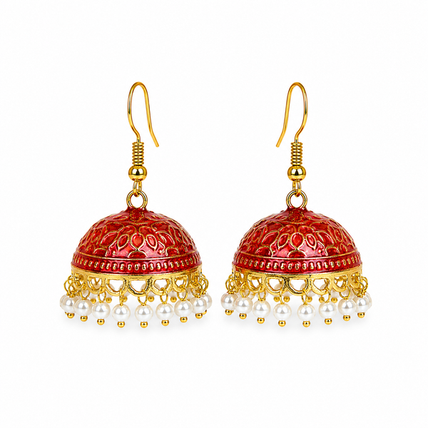 Pearl Dome Jhumka Earrings - Ruby Red