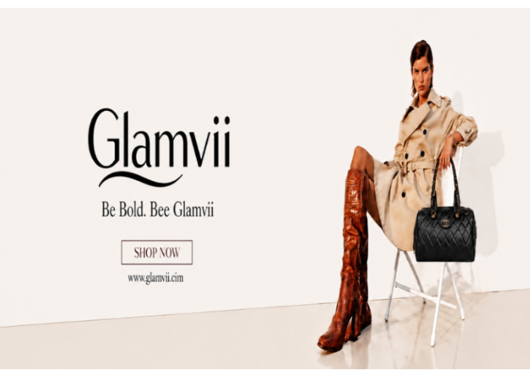 Woman in trench coat and high boots with Glamvii branding on a white background